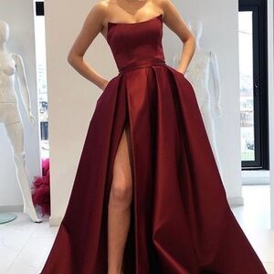 Stunning Burgundy Satin Ball Gown w/ High Slit & Pockets!